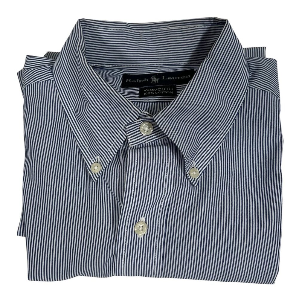 Ralph Lauren Mens Blue White Striped Yarmouth Casual Button Down Shirt Size 16 - Picture 6 of 12